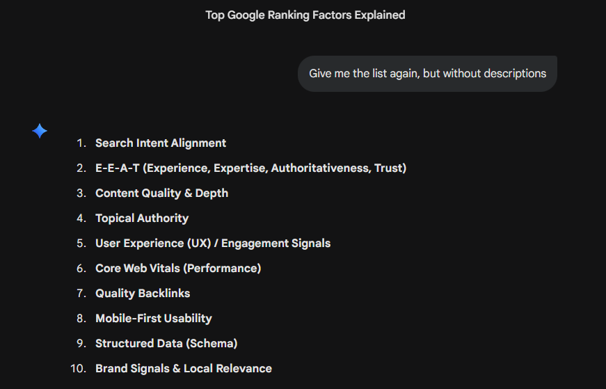 I asked Gemini about the top 10 ranking factors in Google. You can see what it said. According to Gemini, backlinks and